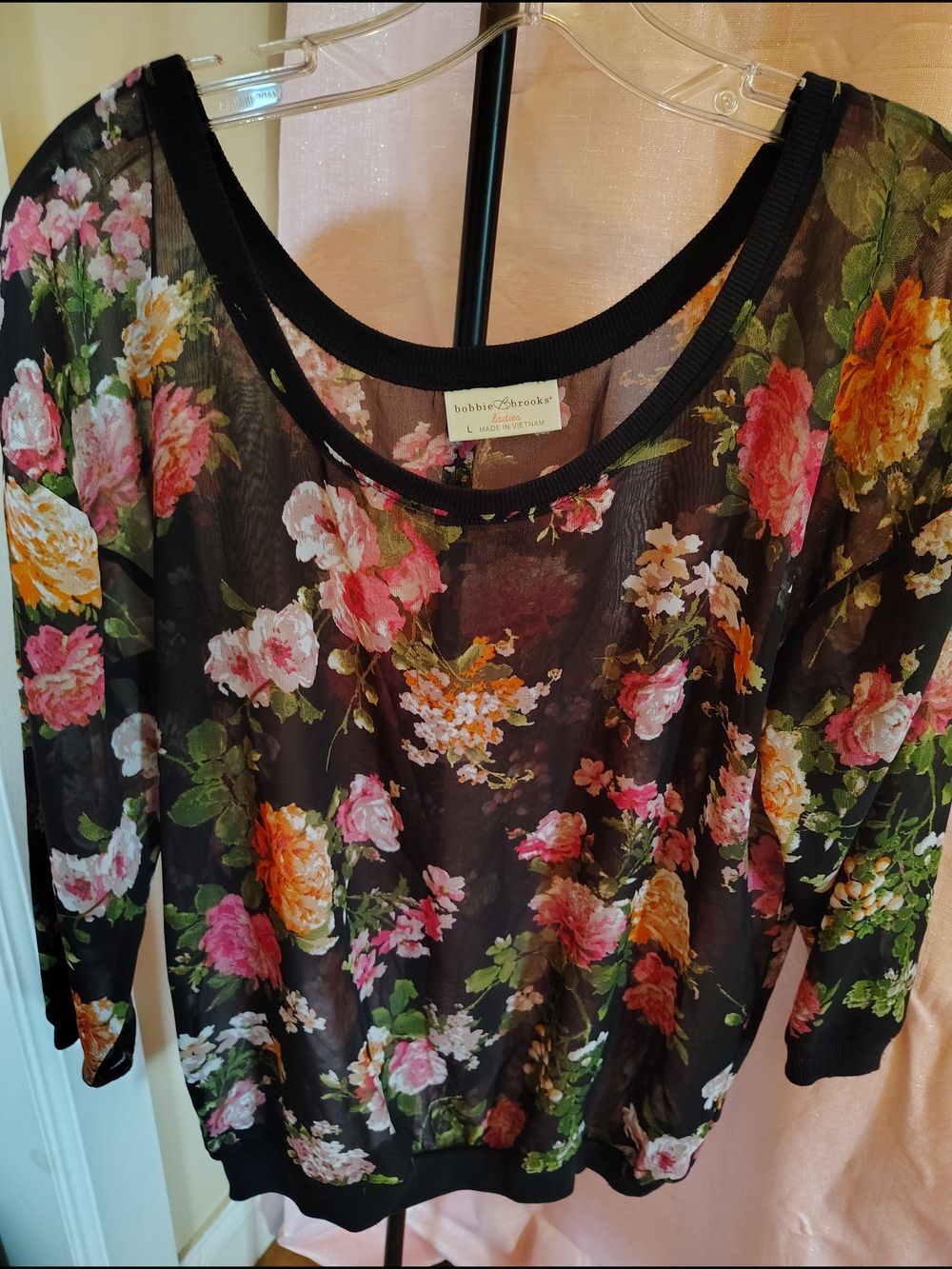 bobbie brooks Black Sheer Floral Boatneck Top L
